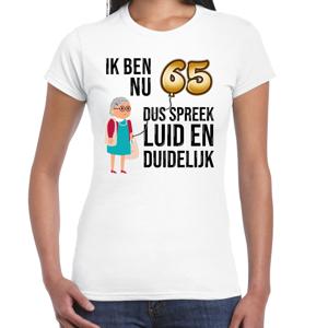 Cadeau T-shirt dames - leeftijd 65 jaar - wit - luid en duidelijk - verjaardagsfeest