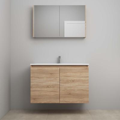 On-Line Badkamermeubelset - 100 cm - Bouwpakket - Greeploos 2 Deuren - Acryl Wastafel - 1 Kraangat - Spiegelkast - Eiken