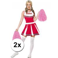 2x Stuks cheerball/pompom met ringgreep - roze - 28 cm - Cheerleader verkleed accessoires