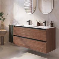 Saqu Gaia badmeubel incl. dubbele glans witte keramische wastafel 120x46x61cm noten urban - zwarte greeplijst