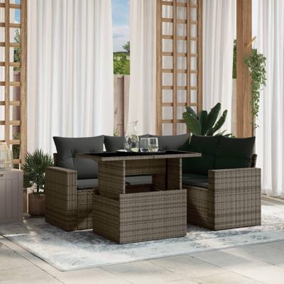5-delige Loungeset met kussens poly rattan grijs