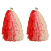 6x Stuks cheerball/pompom rood/wit met ringgreep 33 cm