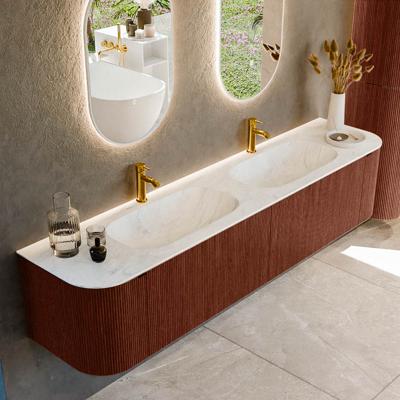 Badmeubel Mondiaz Kurve-Dlux | 200 cm cm | Meubelkleur Ruby | Wastafelkleur Opalo | Solid surface | Wasbak beiden zijden spoelbak | 2 kraangaten