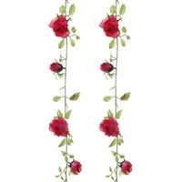 Louis Maes kunstplant bloemenslinger Rozen - 2x - rood/groen - 225 cm - kunstbloemen