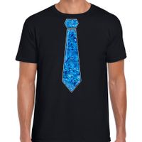 Verkleed t-shirt voor heren - stropdas blauw - pailletten - zwart - carnaval - foute party