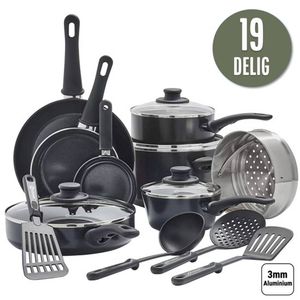 COOCK 19-Delige Pannenset – Anti-Aanbak Coating - Ergonomische Handgrepen - Zwart - Inclusief Onderzetters en E-book