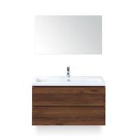 Vogue Badmeubelset 100 cm - Greeplijst in kleur - Walnoot - Keramische Wastafel Wit 1 kraangat - met Spiegel