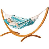 Eenpersoons hangmat met houten standaard - 300x140cm - BlauwGroen - 120kg draagkracht- 100% katoen - binnen & buiten Eenpersoons hangmat met houten standaard - 300x140cm - BlauwGroen - 120kg draagkracht- 100% katoen - binnen & buiten