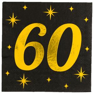 Verjaardag feest servetten - leeftijd 60 jaar - 16x stuks - zwart/goud - sterren - 33 x 33 cm