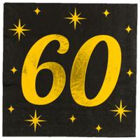 Verjaardag feest servetten - leeftijd 60 jaar - 16x stuks - zwart/goud - sterren - 33 x 33 cm