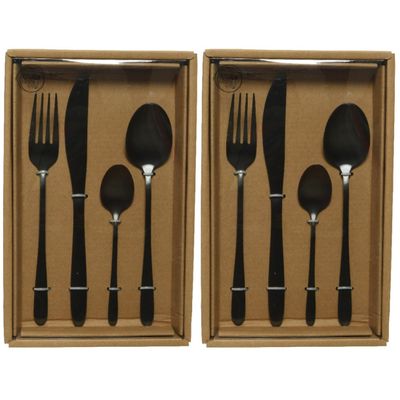 2x stuks besteksets/bestek set 16-delig zwart voor 4 personen