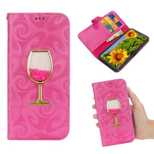 iPhone XS-max portemonnee hoesje voorzien van met fijn zand gevuld wijnglas in donker roze