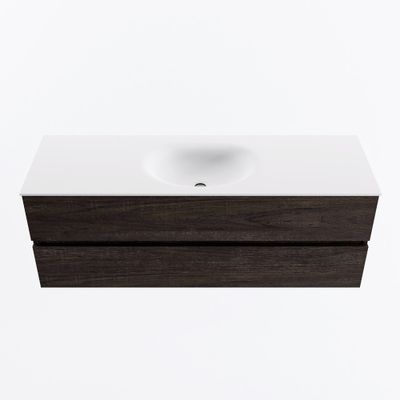 MONDIAZ VICA 140cm badmeubel onderkast Dark Brown 2 lades. Wastafel MOON midden zonder kraangat, kleur Talc.