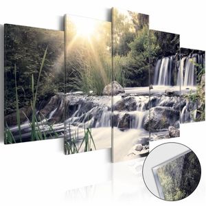 Afbeelding op acrylglas - Waterval van je dromen, Grijs/Groen,   5luik , 100x50cm