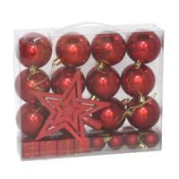 Kerstballen, ornamenten en piek - 29-dlg - rood - kunststof - voor kleine boom