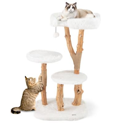 110 cm Krabpaal van Hout Kattenboom met Pluche Zitoppervlak en 2 Platforms & Speelbal Kattentoren met Krabpalen van Jute Wit