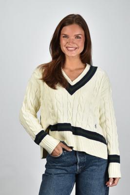 Sporty & Rich trui SRC Cableknit V-Neck WS06561302WH64 ecru/dark navy/forest