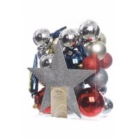 Decoris kerstballen set - 33x st - incl. piek - zilver/rood/blauw - kunststof   -