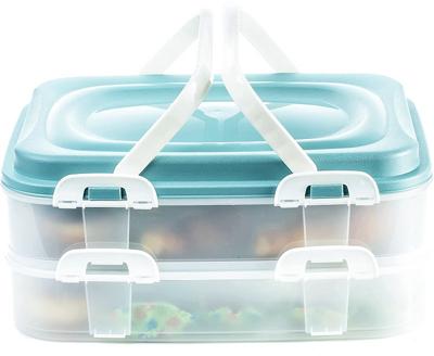 Voedsel transportbox, cupcake, muffin, party container, taarthouder 2 x 7 liter met 2 etages en inklapbare handgrepen kleur groen