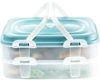 Voedsel transportbox, cupcake, muffin, party container, taarthouder 2 x 7 liter met 2 etages en inklapbare handgrepen kleur groen