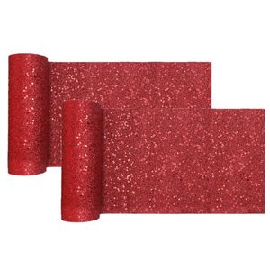 Tafelloper op rol - 2x - rood glitter - smal 18 x 500 cm - polyester