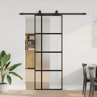 Schuifdeur met beslagset 76x205 cm gehard glas zwart