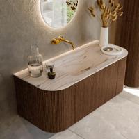 Badmeubel Mondiaz Kurve-Dlux | 110 cm | Meubelkleur Walnut | Wastafelkleur Nata | Solid surface | Wasbak midden spoelbak | Zonder kraangat(en)
