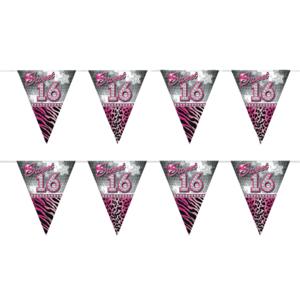 Sweet 16 Sixteen vlaggenlijn slinger - 2x - plastic - 10 meter - versiering - roze/zilver