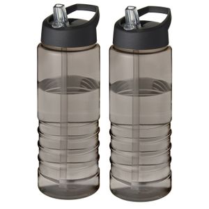 2x stuks sport bidon Hi-eco gerecycled kunststof - drinkfles/waterfles - donkergrijs/zwart - 750 ml