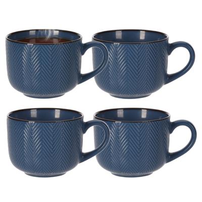 Thee/koffiemok XL Fishbone - 4x - blauw - 12 x 9 cm - keramiek - kommetjes met oor - 560 ml