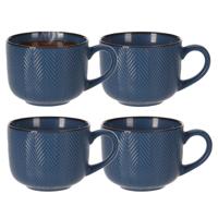 Thee/koffiemok XL Fishbone - 4x - blauw - 12 x 9 cm - keramiek - kommetjes met oor - 560 ml