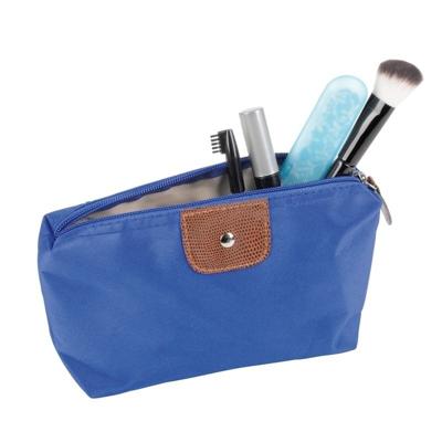 Toilettas - blauw - 17x11 cm - met kunstleer detail - make-up/opberg tas