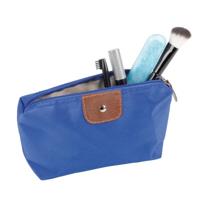 Toilettas - blauw - 17x11 cm - met kunstleer detail - make-up/opberg tas
