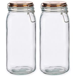 Set van 2x stuks glazen luxe keuken voorraadpotten/voorraadbussen met klepdeksel koper 2100 ml