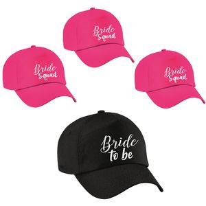 Vrijgezellenfeest dames petjes pakket sierlijk - 1x Bride to Be zwart + 7x Bride Squad roze