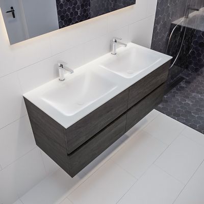 Mondiaz Vica Cloud badmeubel eiken donker bruin 120 cm 4 lades solid surface dubbele spoelbak 2 kraangaten
