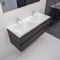 Mondiaz Vica Cloud badmeubel eiken donker bruin 120 cm 4 lades solid surface dubbele spoelbak 2 kraangaten