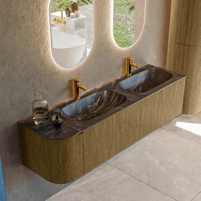 Badmeubel Mondiaz Kurve-Dlux | 165 cm cm | Meubelkleur Dusk | Wastafelkleur Lava | Solid surface | Dubbel / Rechts spoelbak | 2 kraangaten