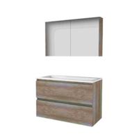 Basic-Line Comfort 46 Badkamermeubelset - 100 x 46 cm - Greeploos - 2 Lades - Acryl Wastafel - Zonder Kraangat - Spiegelkast - Scotch Oak
