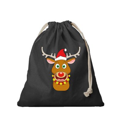 1x Kerst cadeauzak zwart Rendier met kerstmuts met koord voor als cadeauverpakking