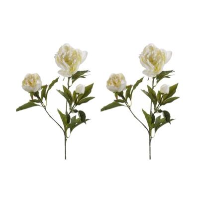 Kunstbloem pioenrozen tak - 2x - 3 bloemen - wit - 70 cm - decoratie