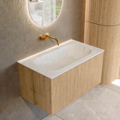 Mondiaz KURVE-DLUX 80 cm Onderkast Greeploos 1 Lade Zonder Deuren Oak, Wastafel Solid Surface Volledig Opalo 0 Kraangaten Zonder Spiegel (KRVBGS801L0D0KM-Oak/Opa)