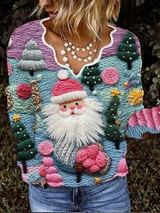 Women's Pink Santa Print Wave Neck Long Sleeve Top Christmas Sweater
