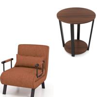 Chaise Longue-Bank in Koffiekleur en Rond Bijzettafeltje met 2 Planken Slaapbank en Bijzettafeltje