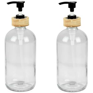 Zeeppompje/zeepdispenser van glas/bamboe - 2x - transparant - 0.5 liter - 21 cm