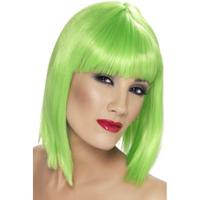 Carnaval verkleed damespruik met pony - neon groen - half lang haar