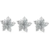 3x Kerstboomversiering op clip zilveren glitter bloem 23 cm - thumbnail