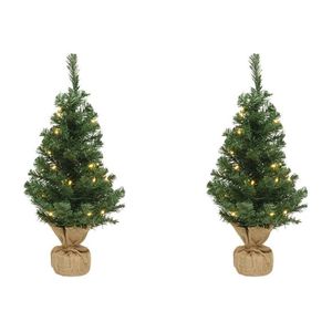 2x Kerst kerstbomen groen in jute zak met verlichting 60 cm - Kunstkerstboom