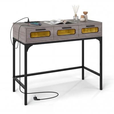 Console Tafel Haltafel met Ledverlichting en Oplaadstation Smalle Salontafel met Stopcontacten USB-Aansluitingen en Lades 90 x 40 x 75 cm Grijs