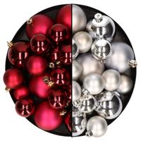 Kerstversiering kunststof kerstballen mix donkerrood/zilver 4-6-8 cm pakket van 68x stuks - Kerstbal - thumbnail